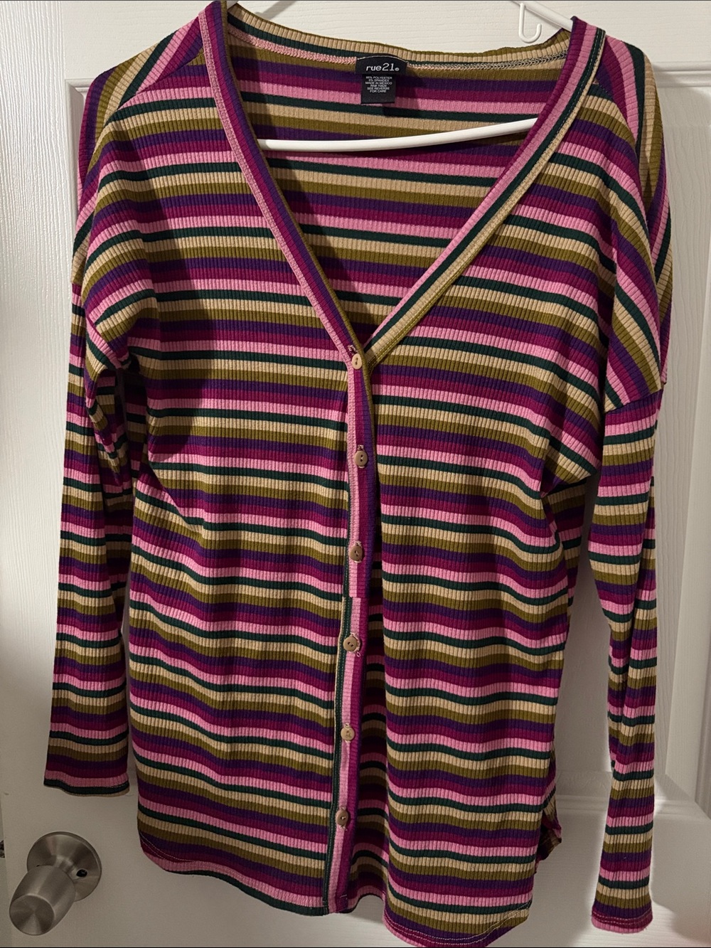 rue21 Women's Striped Ribbed Button-Front Sweater - Pink, Olive, Black size L
